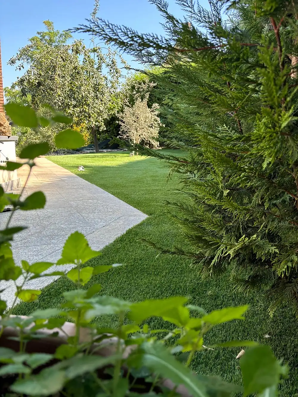 Camminamento in erba sintetica tra siepi e alberi